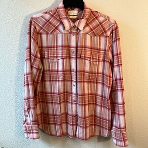 J CREW western style cotton flannel button down. Women’s 12 Slim pink & tan